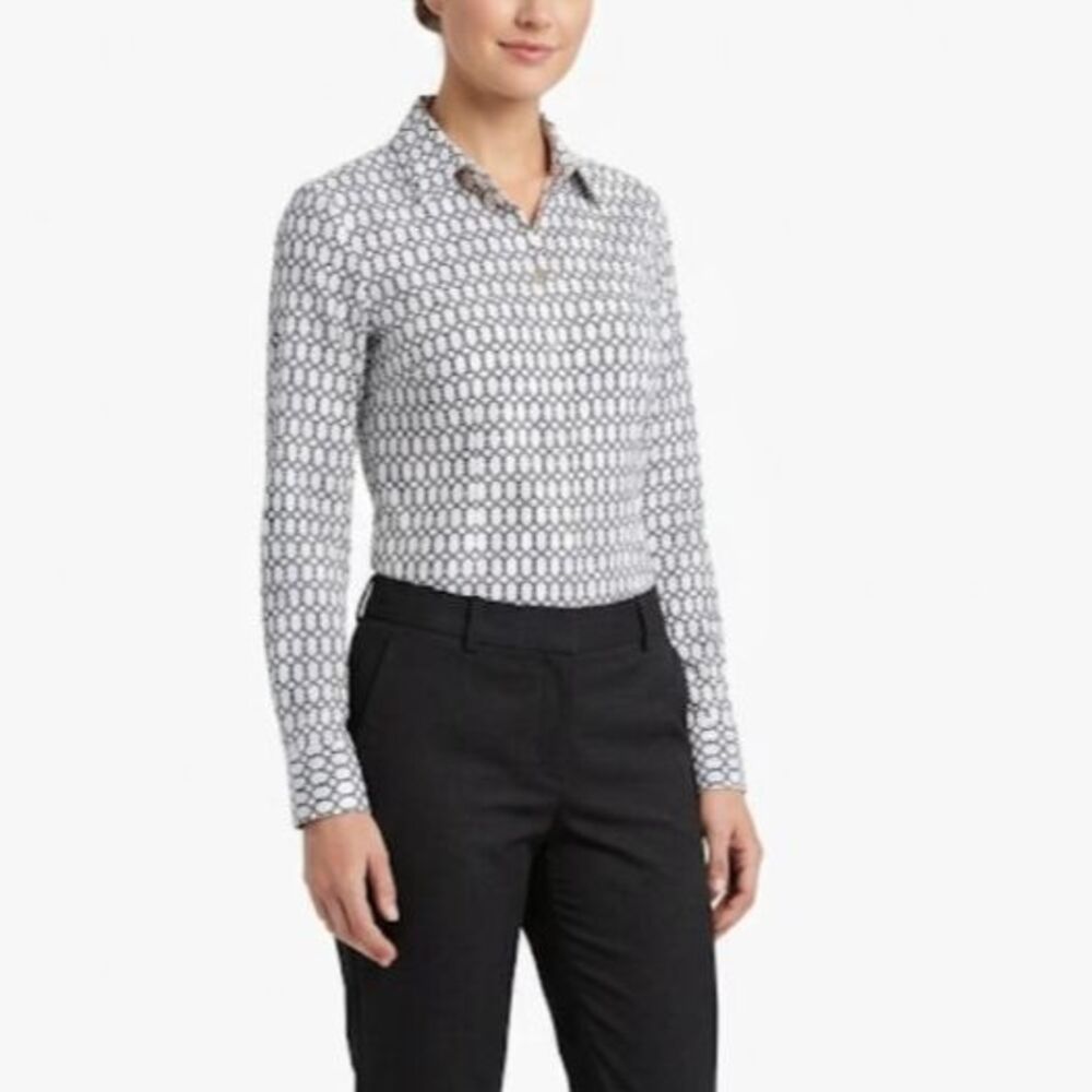 Talbots Womens White Blue Chain Print Wrinkle Resistant LS Button Up Shirt Sz 12